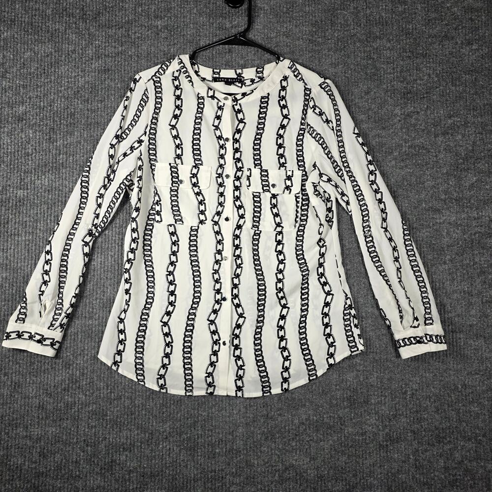 Como Black Chain Print Blouse Button Front‎ Sheer Top Size M